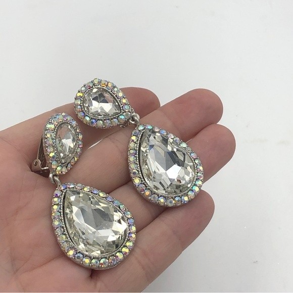 Large Rhinestone Clip On Dangle Earrings - Picture 3 of 5